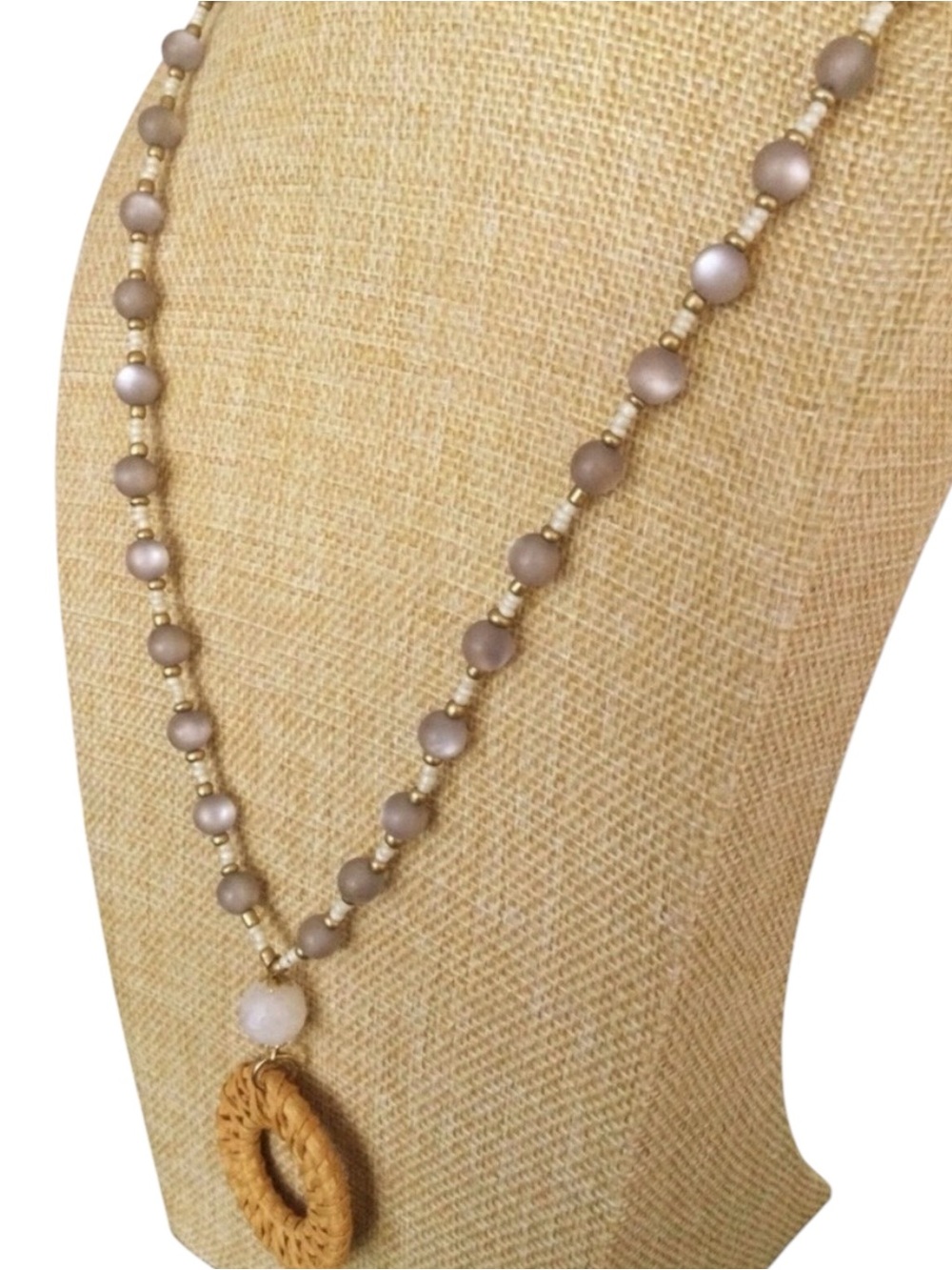 CHARMING CHARLIE Boho Moonglow Lucite, White Quartz & Rattan Pendant Necklace - Picture 8 of 10